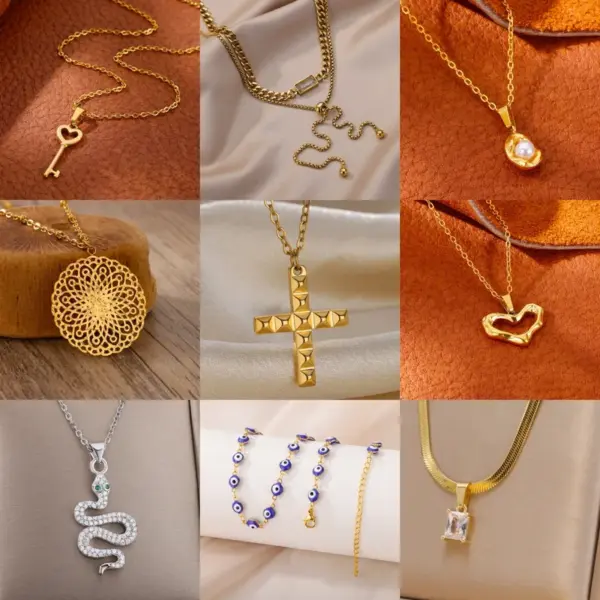 Wholesale Fashionable Stainless Steel Cross Pendant Necklace Hollow Heart Key Zircon Snake Jewelry Commuting Jewelry Turkish Devil's Eye Chain