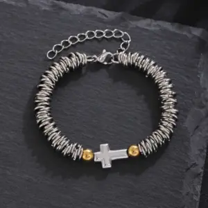 Gold and silver color / 17+5cm / Round Bead Circle Cross Bracelet