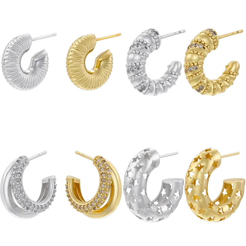 Wholesale 1 Pair Exaggerated Luxurious Shiny C Shape Star Side Stripe Plating Inlay Copper Zircon 18k Gold Plated Ear Studs