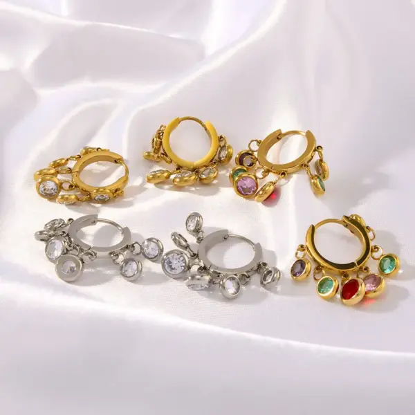 Wholesale 304 Stainless Steel Round Tassel PVD Coated Zircon 18K Gold 18K Real Gold Plated Real Gold Plated Vintage Style Simple Style Waterproof Non Tarnish Plating Inlay Gold Drop Earrings