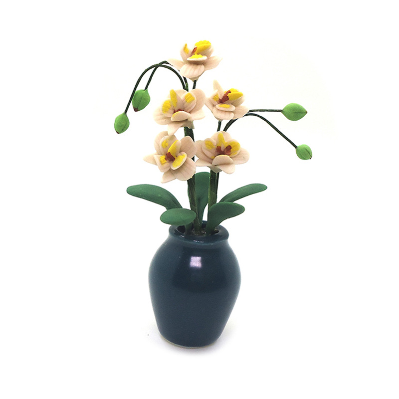 Wholesale 1:12 dollhouse aessories dollhouse clay flower dark green y bottle large white orchid phalaenopsis artificial flower Magnolia