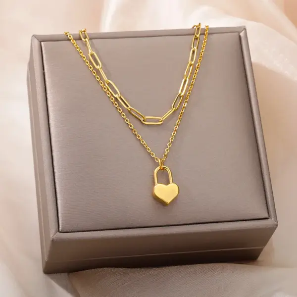 PVD Coated Real Gold Plated 18K Gold Heart Shape 304 Stainless Steel Simple Style Waterproof Non Tarnish 304 Stainless Steel Double Layer Necklaces