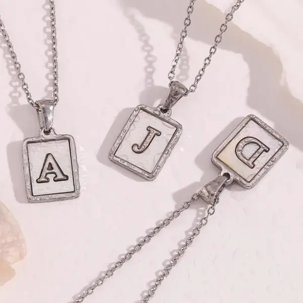 Wholesale 304 Stainless Steel Letter Square PVD Coated Shell Simple Style Waterproof Non Tarnish Inlay Cable Chain White Silver Pendant Necklace
