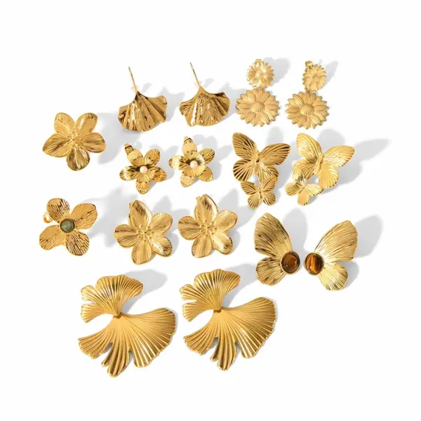 304 Stainless Steel Flower Butterfly Ginkgo Leaf PVD Coated Artificial Pearls Tiger Eye Real Gold Plated Modern Style Waterproof Non Tarnish Polishing Plating Ear Studs