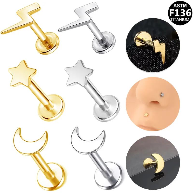 Wholesale 1 Piece Lip Rings Casual Star Moon Pure Titanium Titanium Alloy 14K Gold Plated White Gold Plated Lip Rings Ear Cartilage Rings & Studs