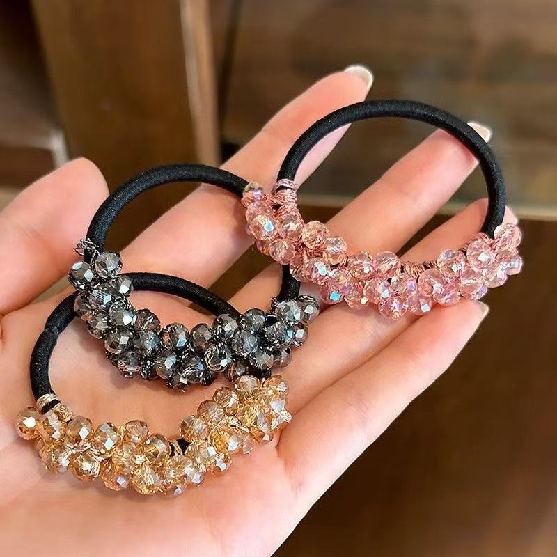 Wholesale Light Luxury Imitation Crystal Beaded Head Rope Women's Japanese and Korean High-end Hair Ring Bracelet Dual-use Women's Exquisite Paytail H
