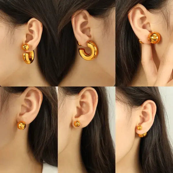 Wholesale Ion Plating (IP) Real Gold Plated 18K Gold C Shape Round 304 Stainless Steel Casual Retro IG Style Waterproof Non Tarnish Ear Studs