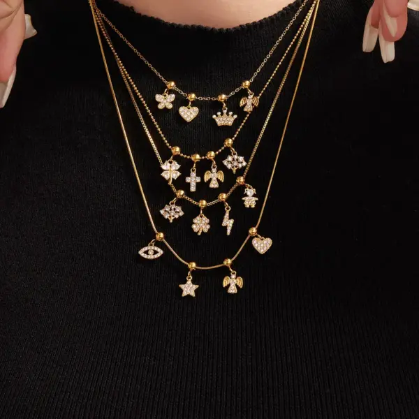 Wholesale Stainless Steel DIY Combination Necklace Fashion Versatile Jewelry Heart Bear Pendant Women's Lobster Clasp Geometric Pattern