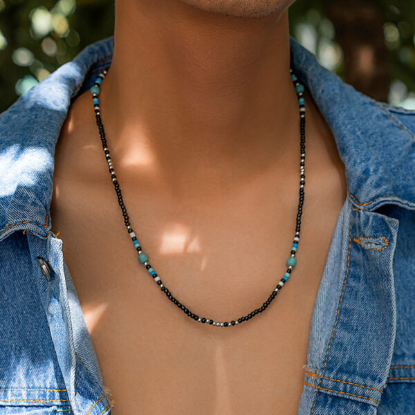 Wholesale European and American Cross-Border Bohemian Rice Bead Necklace Men's Trendy High-End Spliced Turquoise Clavicle Chain Simple Men's Jewelry