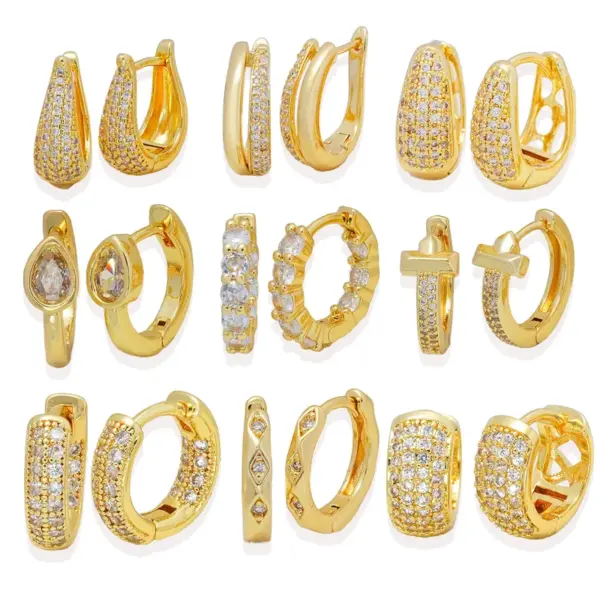 Wholesale Elegant Copper Plated 18K Gold Zirconia Embedded Earrings Women's Fashion Jewelry Non-Fading Geometric Pattern Hoop Earrings