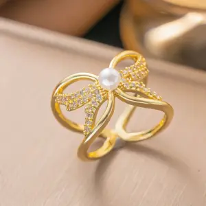 F1154 Copper Material-Cross Butterfly Pearl Ring Gold