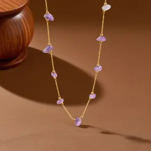 X06064-Irregular Purple Stone-Necklace- Gold