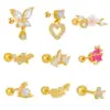 Vintage Micro-set Zircon Butterfly Flower Feather Heart Copper Screw Earrings
