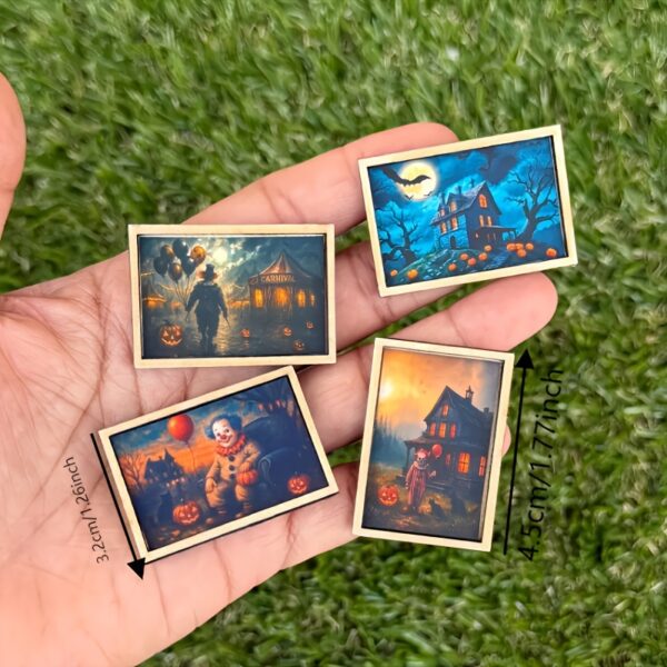 Wholesale 4-piece miniature Halloween dollhouse art clown haunted house 1:12 scale ghost wall art