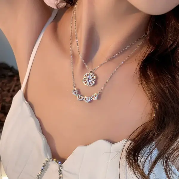 Wholesale Fashion Four Leaf Clover Heart Shape Stainless Steel Flowers Inlay Zircon Necklace