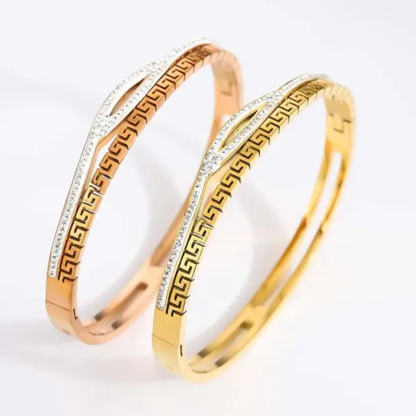 Wholesale Geometric Bangle For Women In Golden Titanium Steel With Electroplated Finish And Rhinestone Inlay