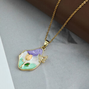 Green purple-flower butterfly necklace
