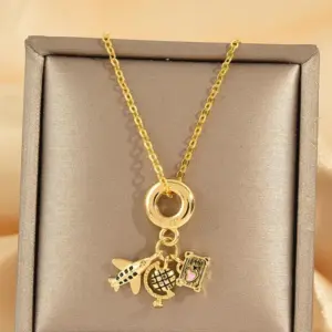 439-1 Airplane Pink Camera Necklace-Gold / Pink