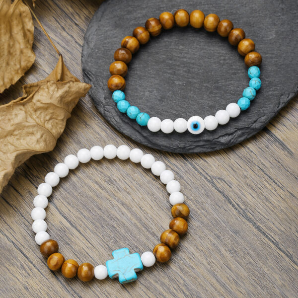 Wholesale European and American Cross-border Couple Bracelet Men's Fashion Trend Turquoise Cross Bracelet Wooden Beads Porcelain Jade Beaded Bracelet for Men