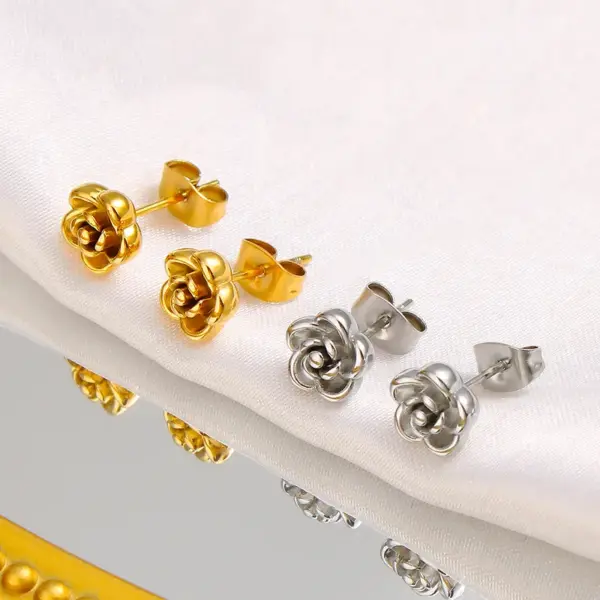 Wholesale 304 Stainless Steel Rose Flower PVD Coated 18K Gold Real Gold Plated French Style IG Style Waterproof Non Tarnish Gold Silver Ear Studs