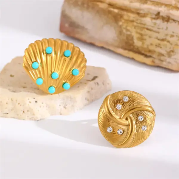 Fashionable Geometric Flower Shell Pattern Stainless Steel Ring Set With Zirconia And Pearl Adjustable Open Ring Elegant And Luxurious