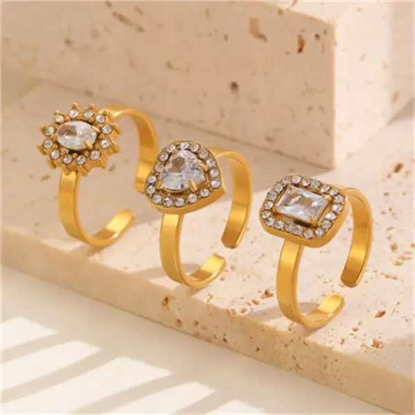 Wholesale Adjustable Open Stainless Steel Ring Geometric Heart Waterdrop Design White Pink Zirconia Embedded Fashionable Unisex Ring