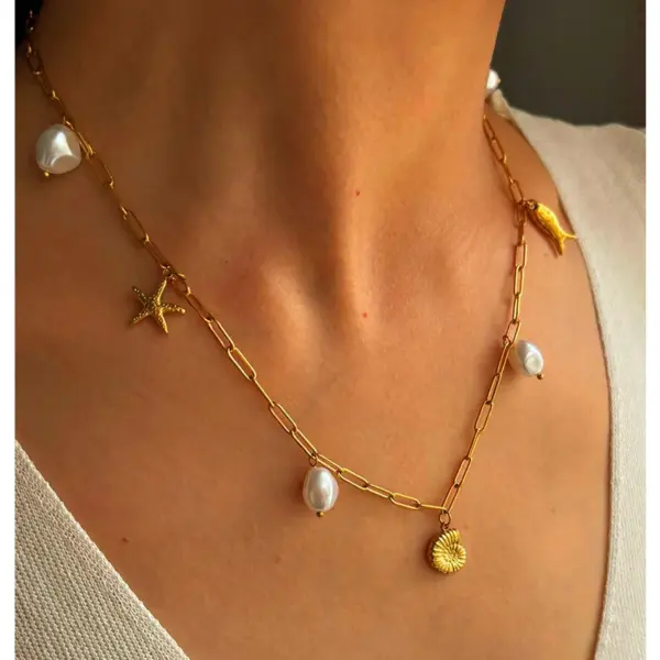 Wholesale 304 Stainless Steel Starfish Shell PVD Coated Imitation Pearl Natural Stone Natural Shell Real Gold Plated Nordic Style Beach Commute Waterproof Non Tarnish Irregular Surgical Steel Paperclip Chain Lobster Trigger Clasp Closure Gold Pendant Necklace