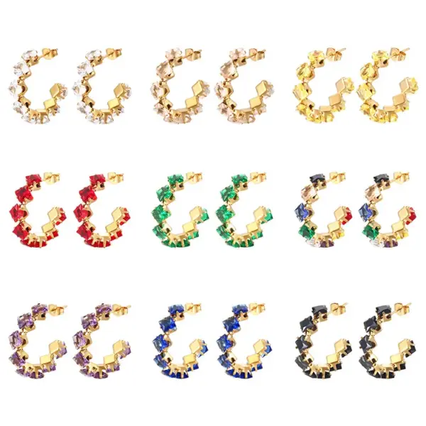 Wholesale 304 Stainless Steel C Shape Rhombus PVD Coated Zircon 18K Gold Plated IG Style Baroque Style Shiny Waterproof Non Tarnish Inlay Royal Blue Red Gold Ear Studs
