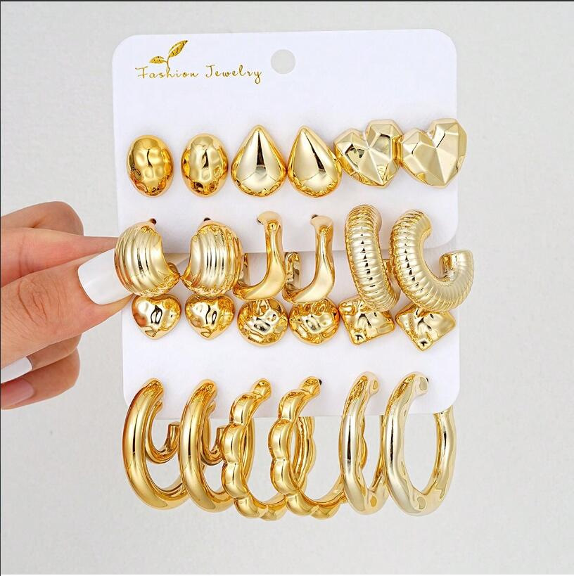 Wholesale Europe and the United States cross-border fashion personality simple irregular B water op love earrings 12 piece set card in stock
