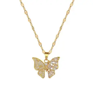 Wholesale Sweet Butterfly Titanium Steel Copper Inlay Zircon Earrings Necklace