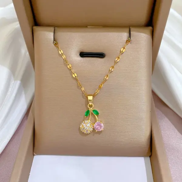 Wholesale Sweet Cherry Titanium Steel Copper Plating Inlay Rhinestones Pendant Necklace