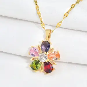 [Color Zirconium] Five Petal Flower Necklace / Gold