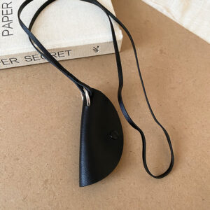 Black leather snap semi-circular key case key chain necklace