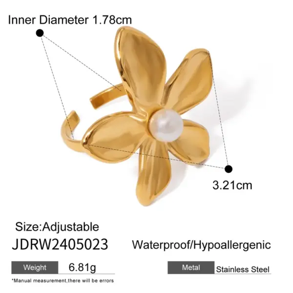 Wholesale 304 Stainless Steel Flower PVD Coated Pearl 18K Real Gold Plated Real Gold Plated Sweet Simple Style Classic Style Waterproof Non Tarnish Gold Rings