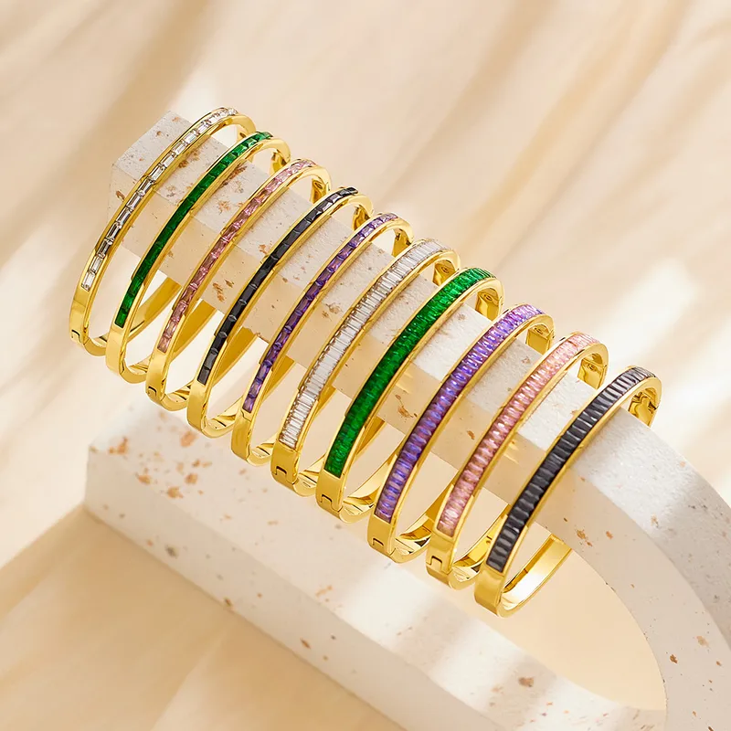 Wholesale Real Gold Plated Square 304 Stainless Steel French Style Waterproof Non Tarnish Bangle