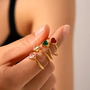 Wholesale 304 Stainless Steel Heart Shape PVD Coated Zircon 18K Real Gold Plated Vacation Modern Style IG Style Waterproof Non Tarnish Inlay Red Open Rings