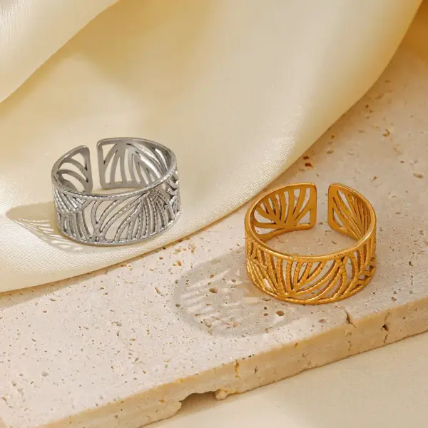 PVD Coated 18K Gold Plated Leaves 304 Stainless Steel IG Style Waterproof Non Tarnish Open Rings