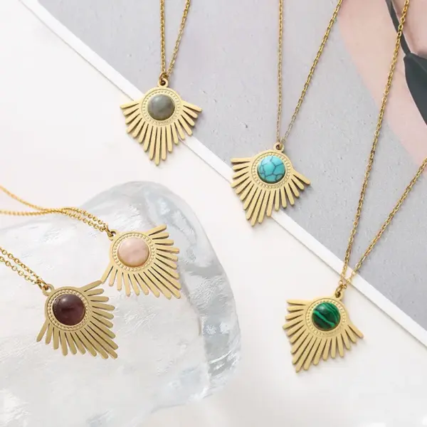 Wholesale Retro Round Stripe Stainless Steel Inlay Natural Stone Turquoise Pendant Necklace 1 Piece