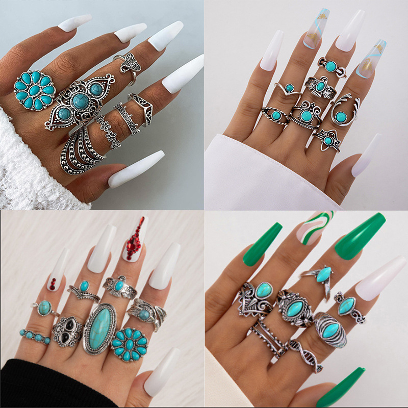 Wholesale Vintage Antique Turquoise Inlaid Exaerated Ring suit Flower Crown Leaves Eagle Joint Ring Eight-piece Set