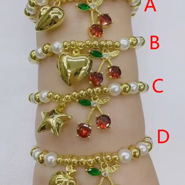 Wholesale Jewelry Casual Vacation Simple Style Cherry Heart Shape Apple Copper Zircon 18K Gold Plated Beaded Bracelets