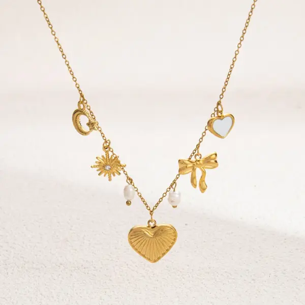 PVD Coated Real Gold Plated Devil's Eye Heart Shape Bow Knot Titanium Steel Classic Style Waterproof Non Tarnish Titanium Steel Lobster Trigger Clasp Closure Pendant Necklace