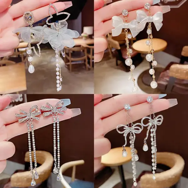 Wholesale Fashion Heart Shape Bow Knot Copper Inlay Zircon Drop Earrings 1 Pair