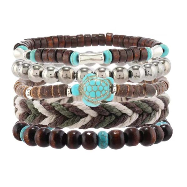 Wholesale Turquoise Turtle Retro Wooden Beads Wax Rope 5-Piece Braided Bracelet Set