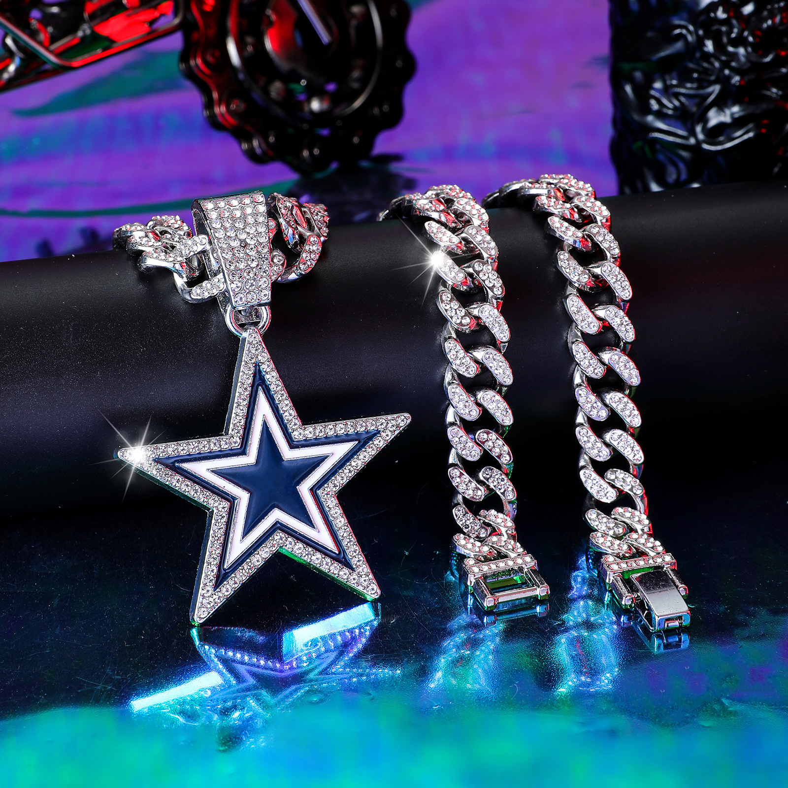 Wholesale European and American jewelry fashion full diamond blue five-inted star necklace jewelry men and women personality hip-hop pendant single pe