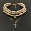 oly-0c78f6dc7fcd6fca37b060c115173d29 Wholesale Diamond-embedded multi-layer Pearl cross pendant necklace for women Japanese and Korean style light luxury sweater chain personality Fashion necklace fashion