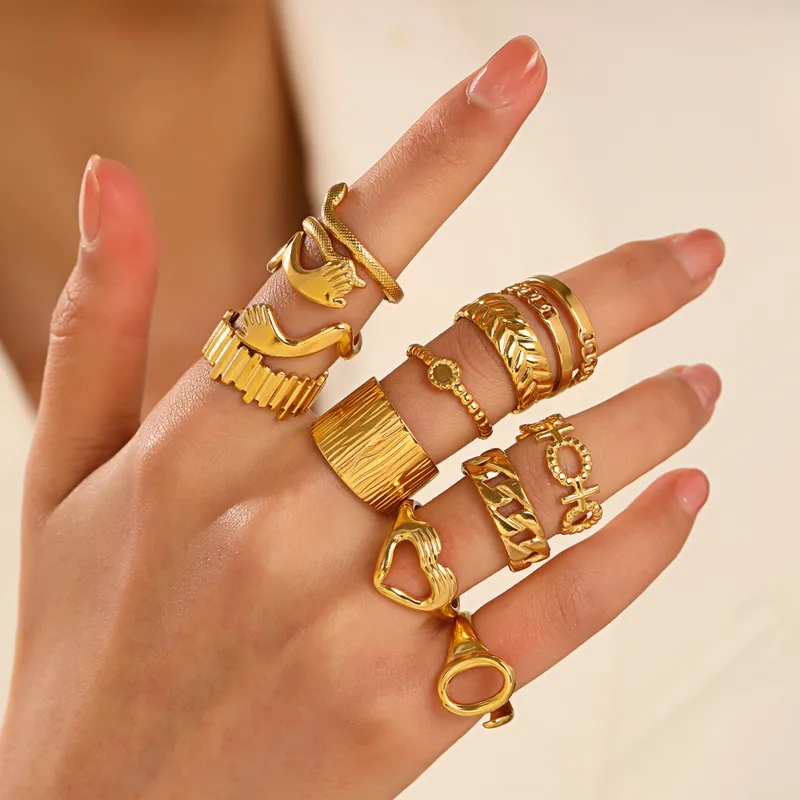 Wholesale PVD Coated 18K Gold Plated Geometric 304 Stainless Steel IG Style Waterproof Non Tarnish Open Ring