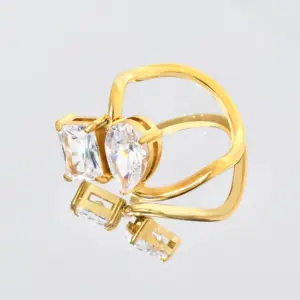 Wholesale PVD Coated Real Gold Plated 18K Gold Square Water Droplets 304 Stainless Steel Elegant Waterproof Non Tarnish Rings