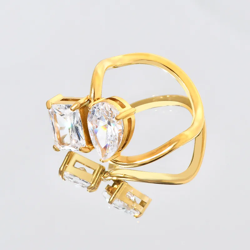 Wholesale PVD Coated Real Gold Plated 18K Gold Square Water Droplets 304 Stainless Steel Elegant Waterproof Non Tarnish Rings