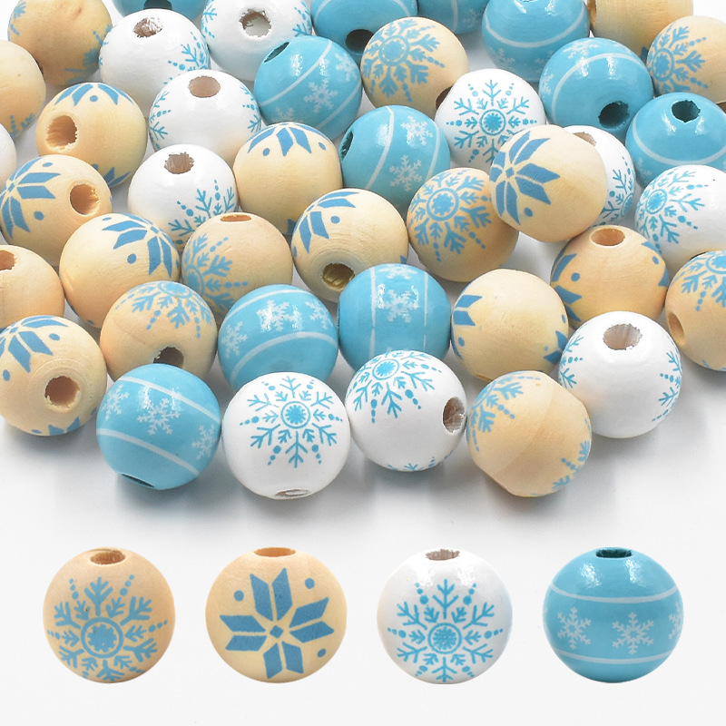 Wholesale Christmas Snowflake Wood Beads 16MM Colorful Printed Beads