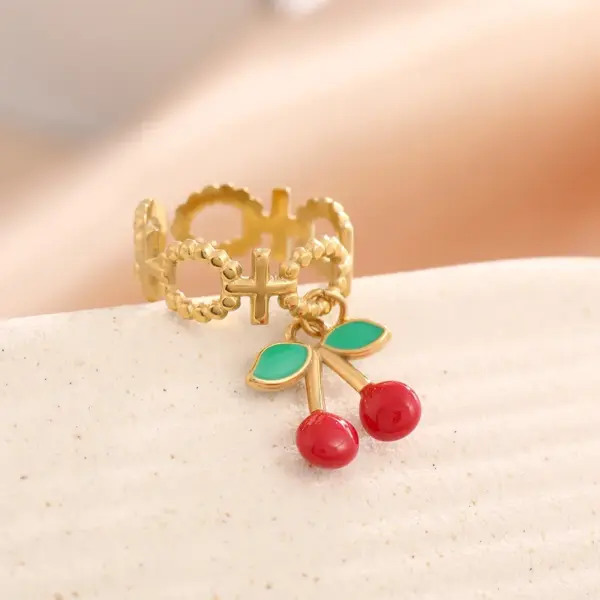 Ion Plating (IP) 18K Gold Plated Cherry 304 Stainless Steel Elegant Cute Luxurious Waterproof Non Tarnish Open Rings